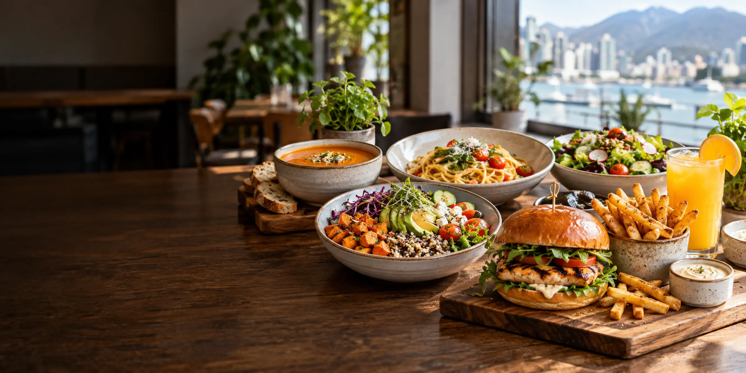 A colourful family lunch spread with sandwiches, pasta, salad and soup